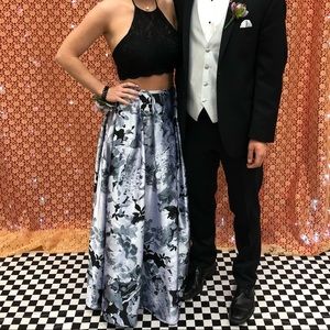 Black and silver two piece floral prom dress